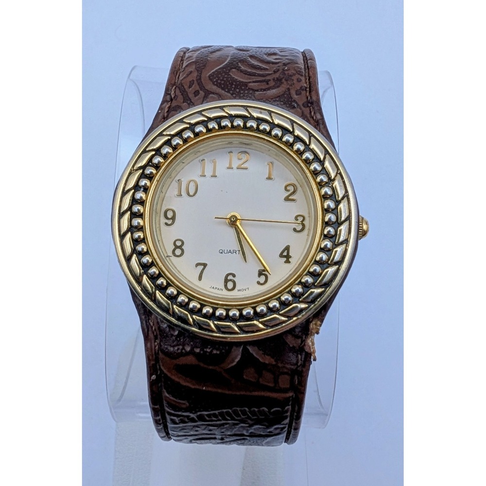Vintage Brown Embossed Leather Cuff Watch Gold Tone Bezel